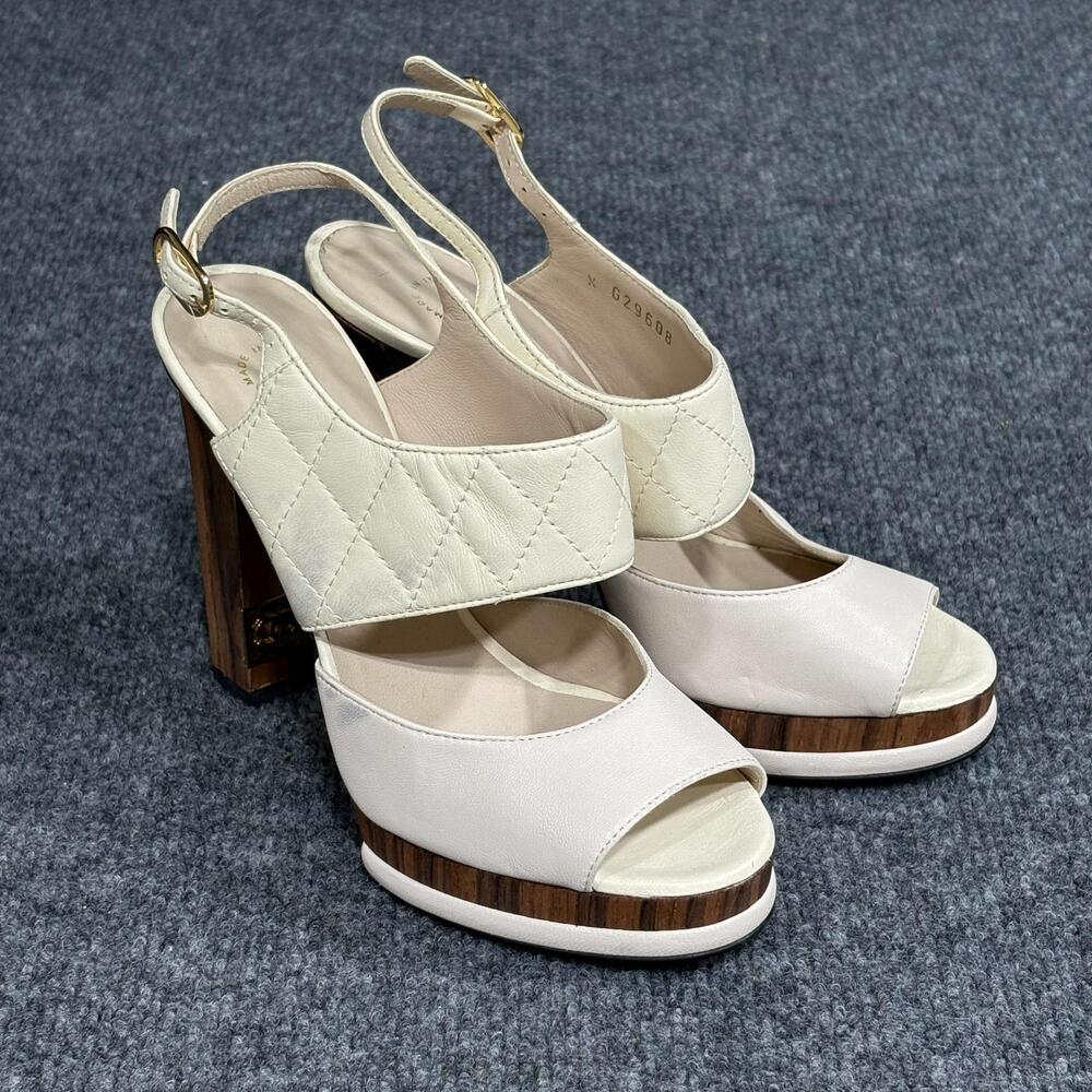 Chanel Platform Sandals Womens 36 White Matelasse Quilted Slingback Heel Italy